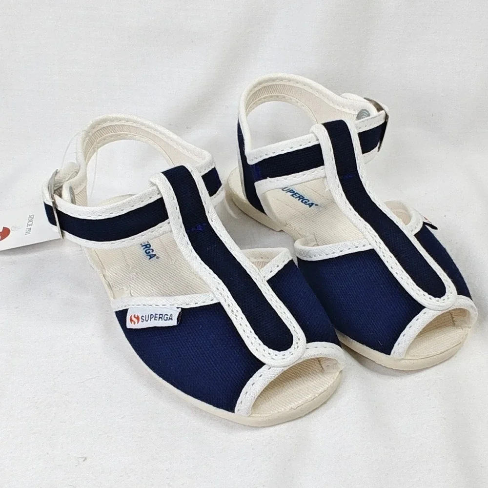 Superga 1200 COTJ Sandals Navy Blue Canvas T-Strap Kids Size 8.5 US 25 EU New